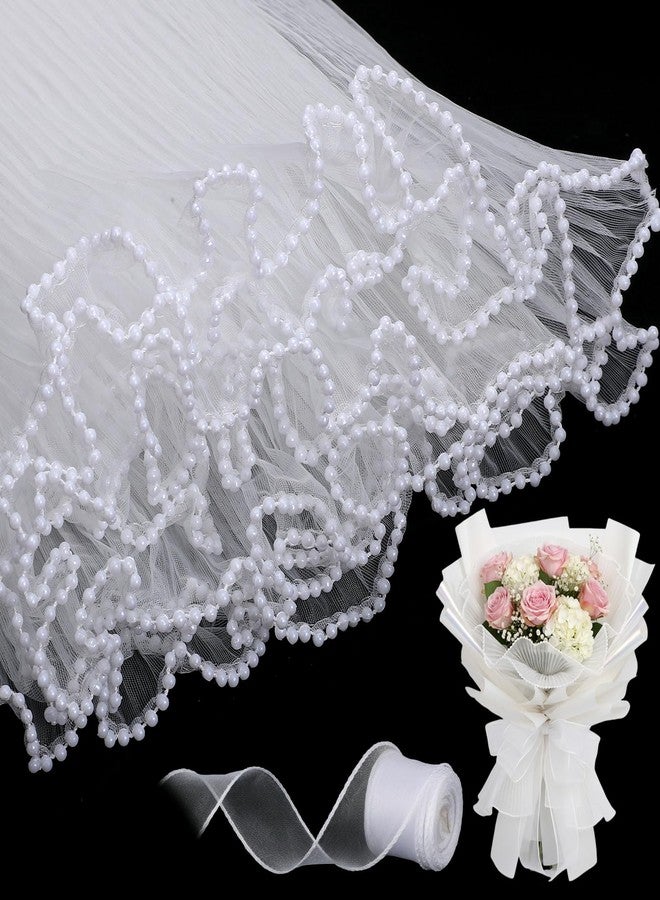 woric 4.37 Yards White Flower Bouquet Wrapping Paper with 10 Yards White Ribbon, Pearl Edge Wrinkled Floral Wrapping Mesh Paper for Valentine's Day Florist Supplies Wedding Party Favor Decor - Image 1